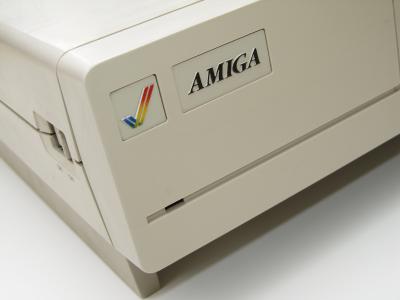 A close-up photo of the Amiga 1000's logo.