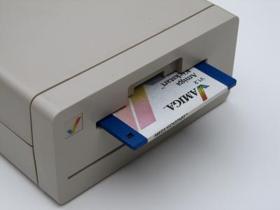 Close-up photo of the Amiga 1010 External Disk Drive and Kickstart disk