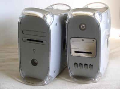 Photo of two Apple G4 Power Macintoshes. The Quicksilver and MDD.